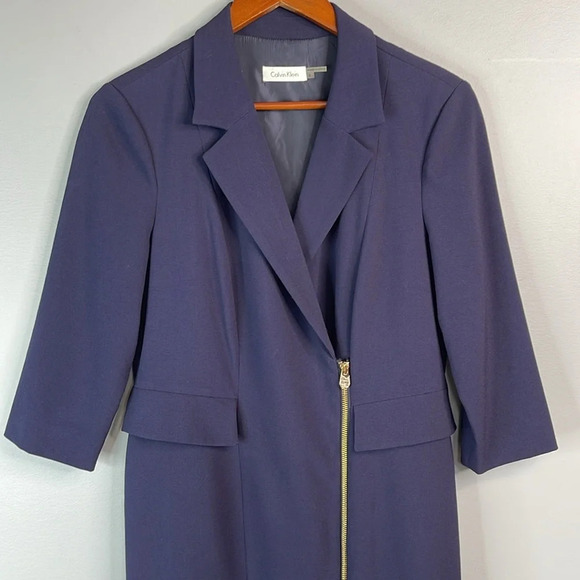 Calvin Klein NWOT Blazer Style Dress Navy Exposed Side Zipper Faux Pockets 8 - Picture 3 of 9